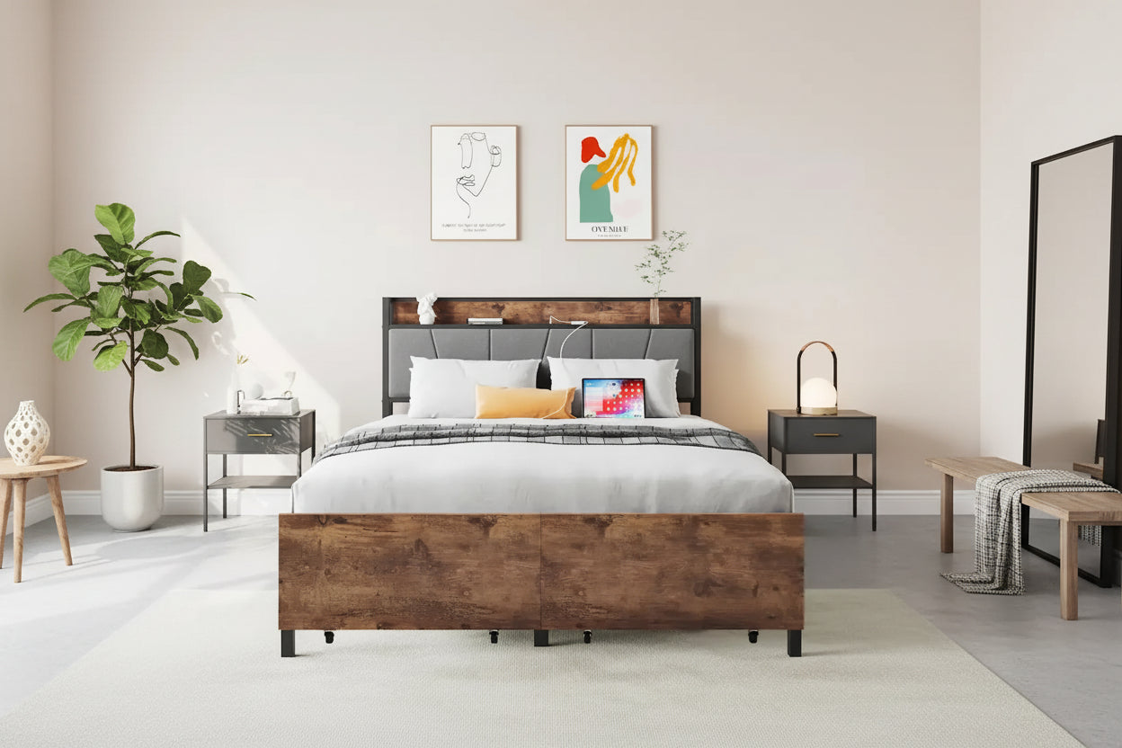 Queen/Full Size Bed Frame, Storage Headboard with Charging Station and 2 Drawers