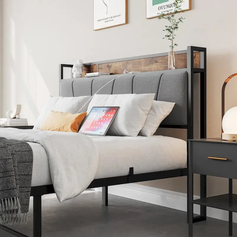 Cadre de lit gris, Grand lit/Lit double, Tête de lit avec rangement, prises et USB et 2 tiroirs