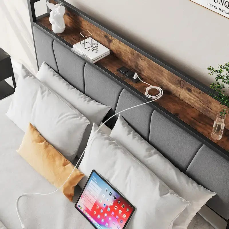 Cadre de lit gris, Grand lit/Lit double, Tête de lit avec rangement, prises et USB et 2 tiroirs