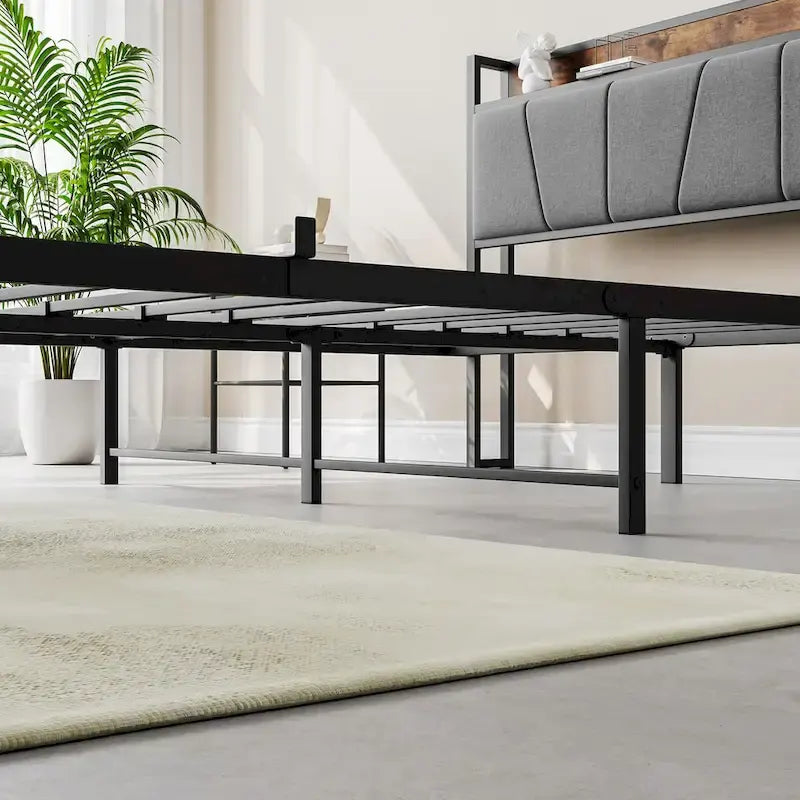 Cadre de lit gris, Grand lit/Lit double, Tête de lit avec rangement, prises et USB et 2 tiroirs