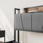 Cadre de lit gris, Grand lit/Lit double, Tête de lit avec rangement, prises et USB et 2 tiroirs