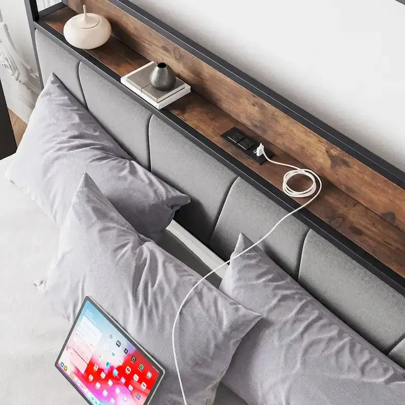 Cadre de lit gris, Grand lit/Lit double, Tête de lit avec rangement, prises et USB et 2 tiroirs