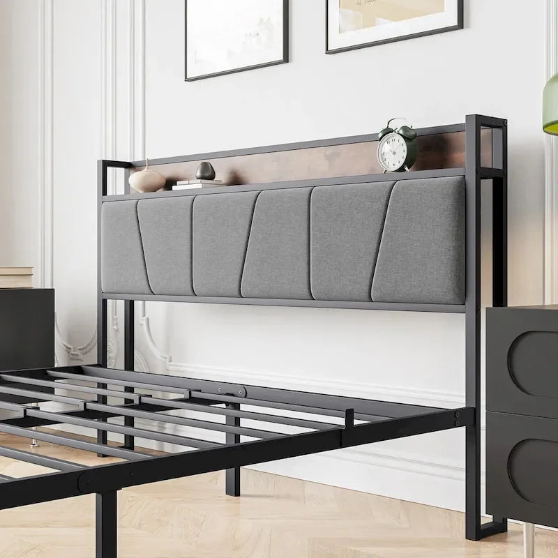 Cadre de lit gris, Grand lit/Lit double, Tête de lit avec rangement, prises et USB et 2 tiroirs