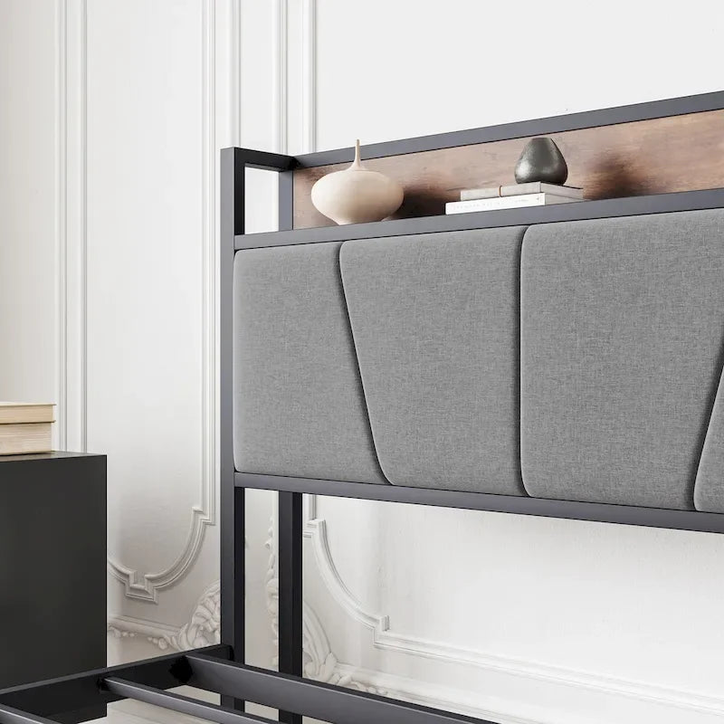 Cadre de lit gris, Grand lit/Lit double, Tête de lit avec rangement, prises et USB et 2 tiroirs