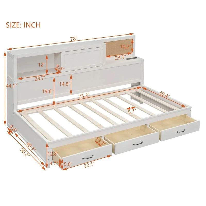 Lit de repos en bois blanc/gris/marron, une place, avec 3 tiroirs et ports USB