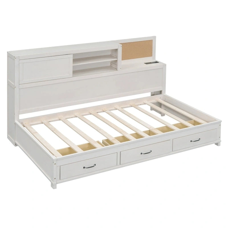 Lit de repos en bois blanc/gris/marron, une place, avec 3 tiroirs et ports USB