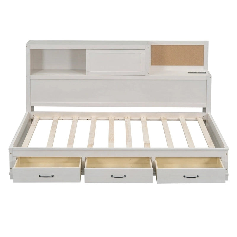 Lit de repos en bois blanc/gris/marron, une place, avec 3 tiroirs et ports USB