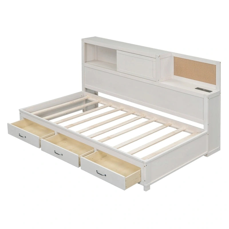 Lit de repos en bois blanc/gris/marron, une place, avec 3 tiroirs et ports USB