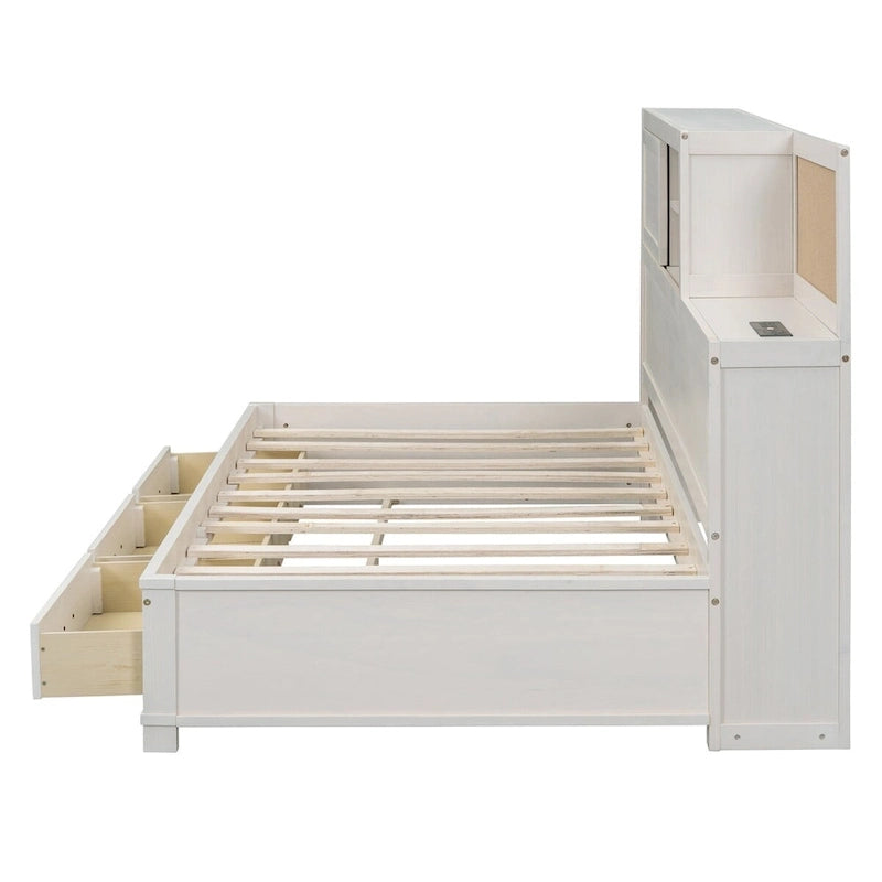 Lit de repos en bois blanc/gris/marron, une place, avec 3 tiroirs et ports USB