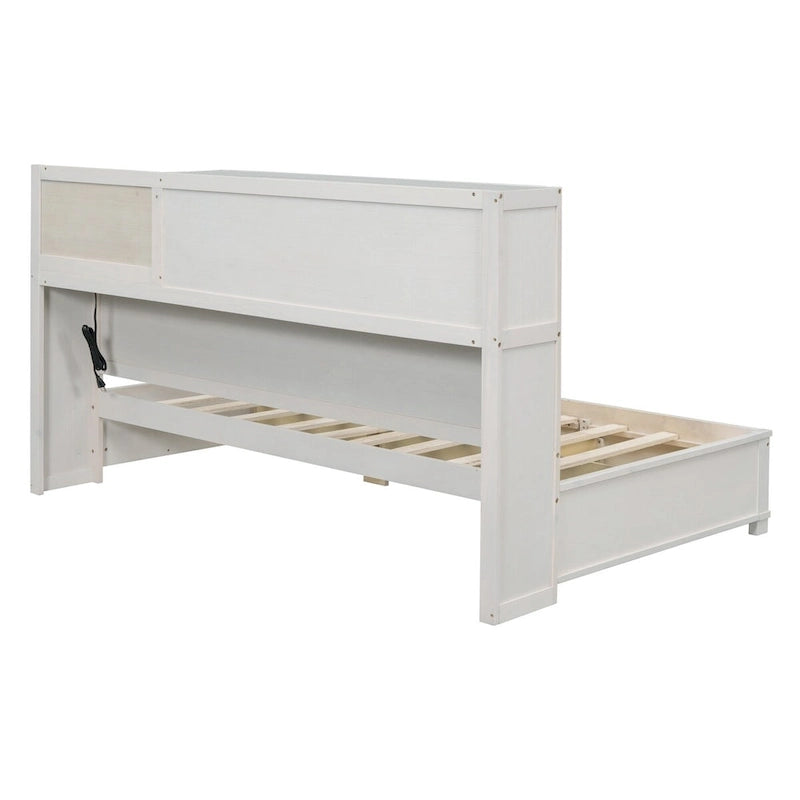Lit de repos en bois blanc/gris/marron, une place, avec 3 tiroirs et ports USB