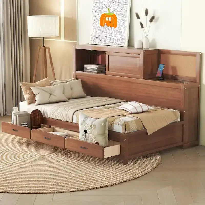 Lit de repos en bois blanc/gris/marron, une place, avec 3 tiroirs et ports USB