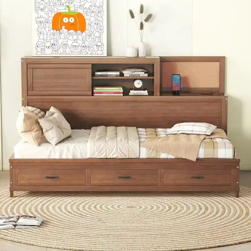 Lit de repos en bois blanc/gris/marron, une place, avec 3 tiroirs et ports USB