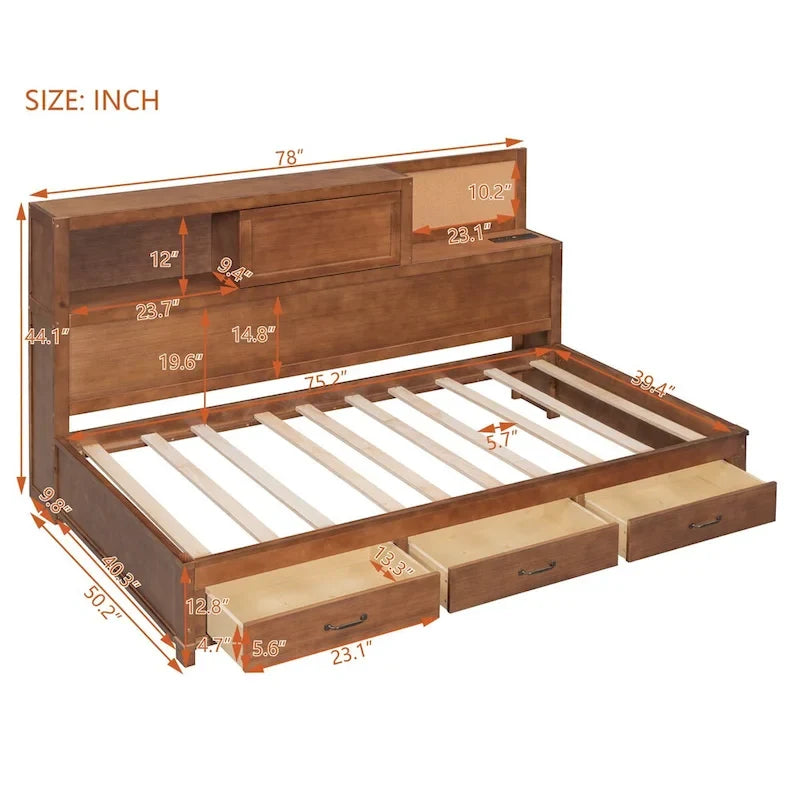 Lit de repos en bois blanc/gris/marron, une place, avec 3 tiroirs et ports USB
