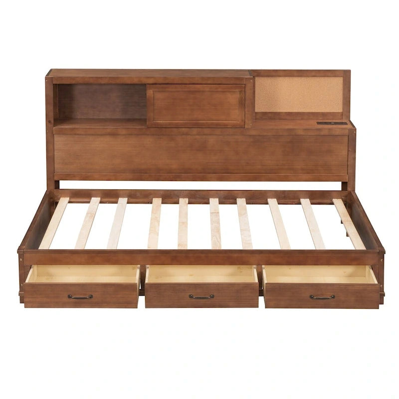 Lit de repos en bois blanc/gris/marron, une place, avec 3 tiroirs et ports USB