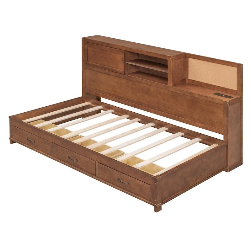 Lit de repos en bois blanc/gris/marron, une place, avec 3 tiroirs et ports USB