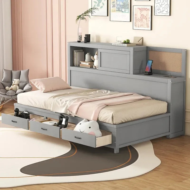 Lit de repos en bois blanc/gris/marron, une place, avec 3 tiroirs et ports USB