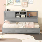 Lit de repos en bois blanc/gris/marron, une place, avec 3 tiroirs et ports USB