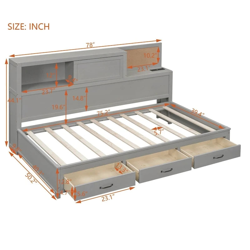 Lit de repos en bois blanc/gris/marron, une place, avec 3 tiroirs et ports USB