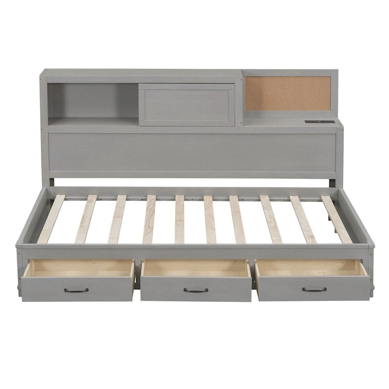 Lit de repos en bois blanc/gris/marron, une place, avec 3 tiroirs et ports USB