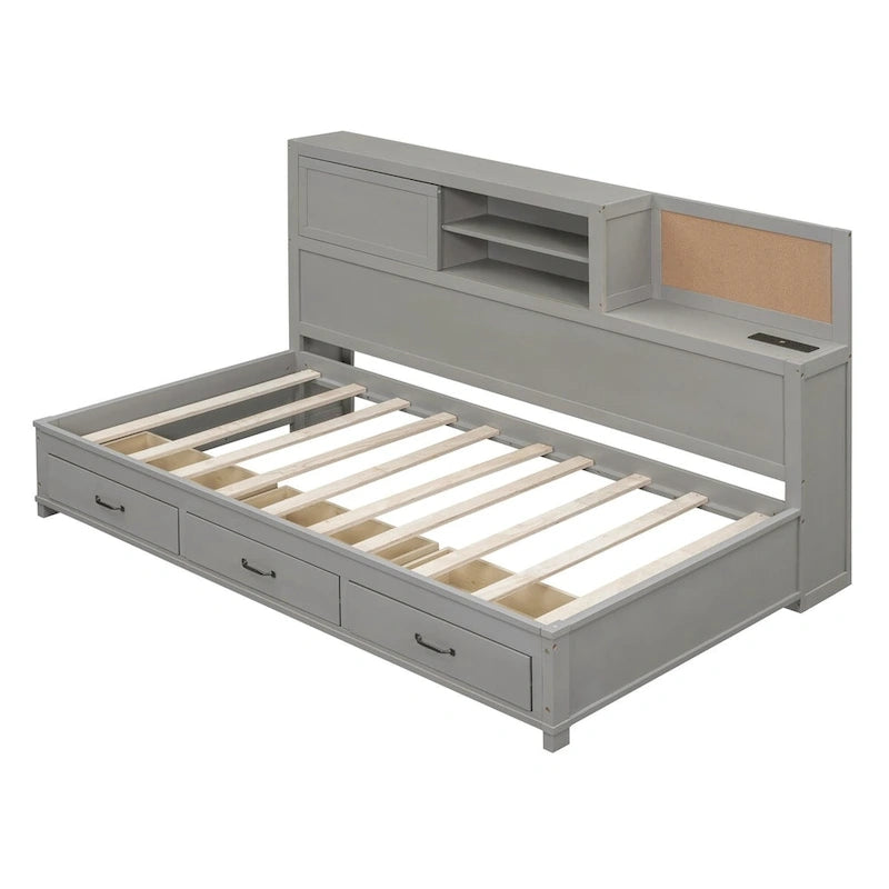 Lit de repos en bois blanc/gris/marron, une place, avec 3 tiroirs et ports USB