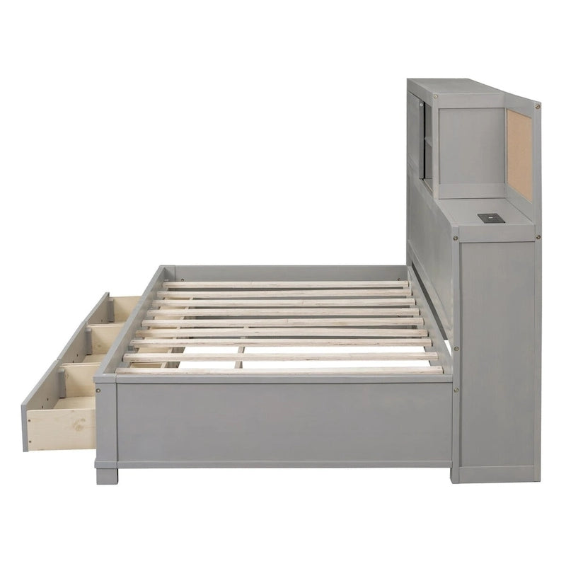 Lit de repos en bois blanc/gris/marron, une place, avec 3 tiroirs et ports USB