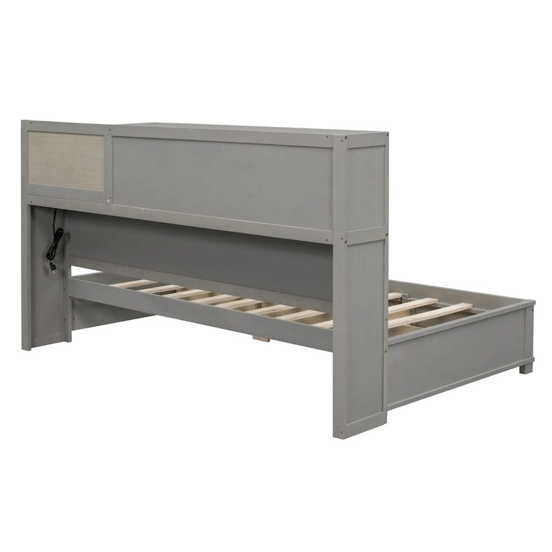 Lit de repos en bois blanc/gris/marron, une place, avec 3 tiroirs et ports USB