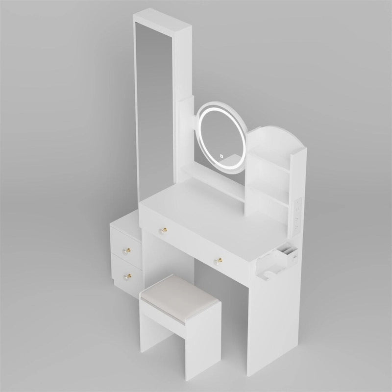 Coiffeuse avec miroir, tabouret rembourré et station de recharge, 1 place, noir/blanc