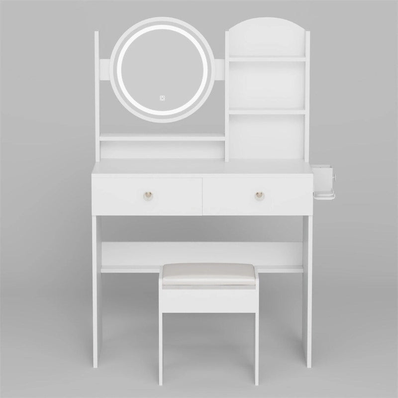 Coiffeuse avec miroir, tabouret rembourré et station de recharge, 1 place, noir/blanc