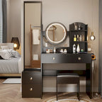Coiffeuse avec miroir, tabouret rembourré et station de recharge, 1 place, noir/blanc