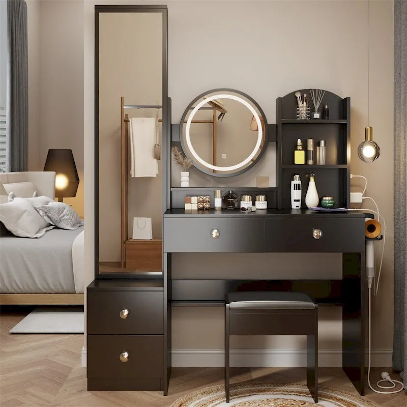 Coiffeuse avec miroir, tabouret rembourré et station de recharge, 1 place, noir/blanc