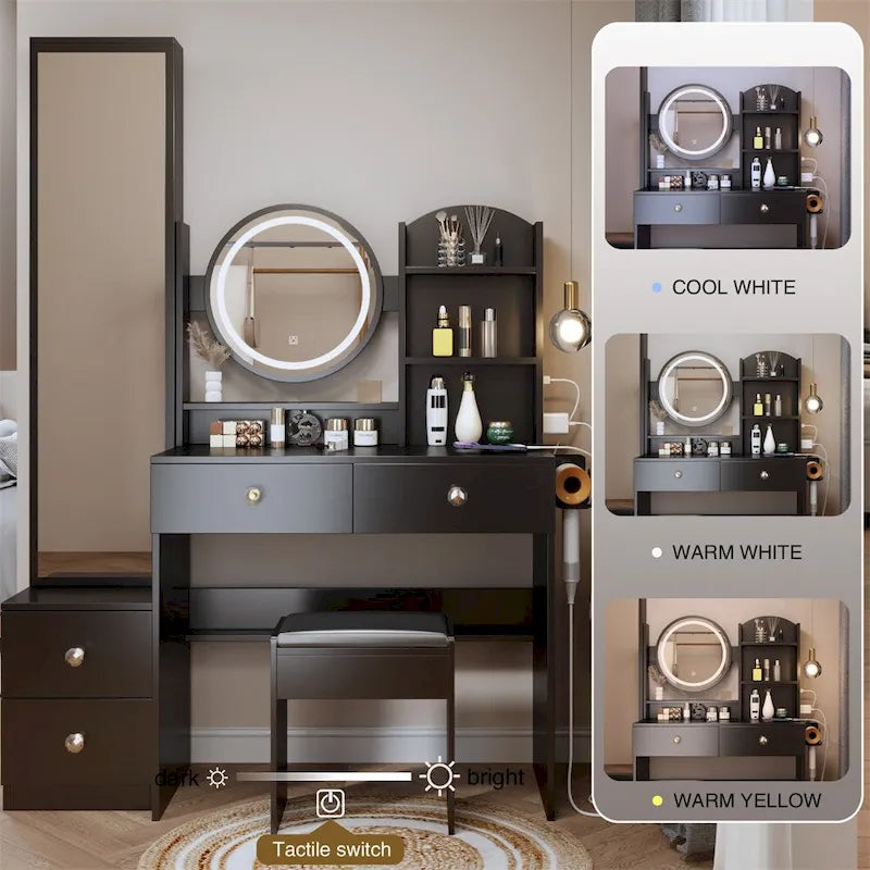 Coiffeuse avec miroir, tabouret rembourré et station de recharge, 1 place, noir/blanc