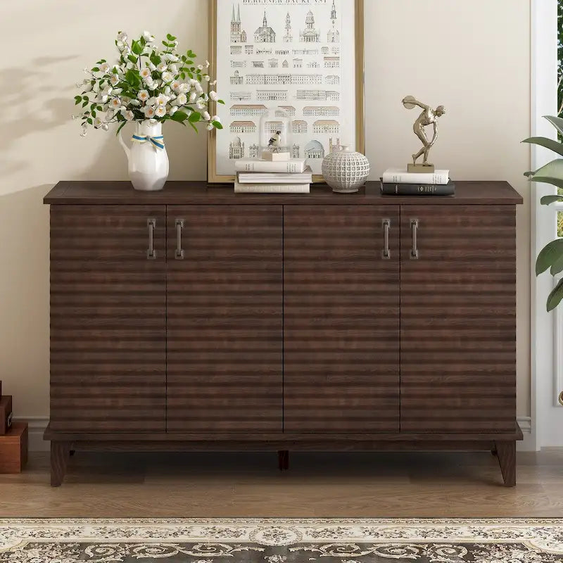Buffet à 4 portes avec étagères réglables – Espresso / Bleu marine / Blanc antique
