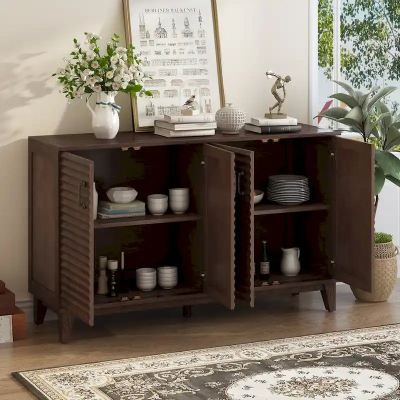 Buffet à 4 portes avec étagères réglables – Espresso / Bleu marine / Blanc antique