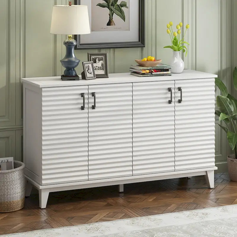 Buffet à 4 portes avec étagères réglables – Espresso / Bleu marine / Blanc antique