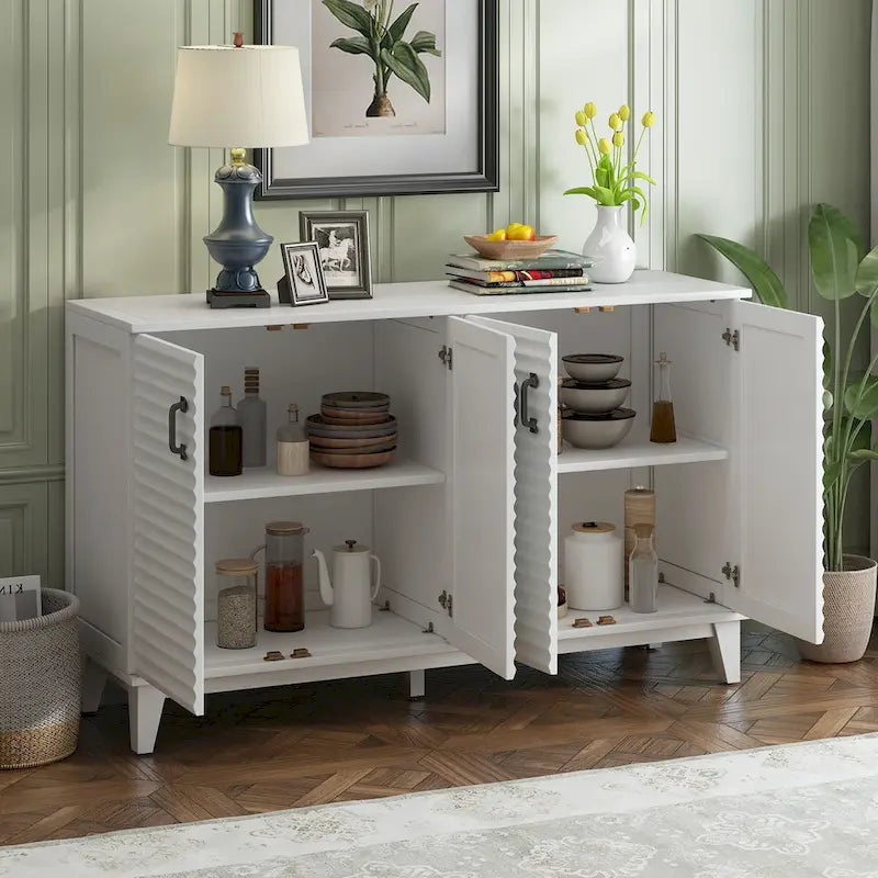 Buffet à 4 portes avec étagères réglables – Espresso / Bleu marine / Blanc antique
