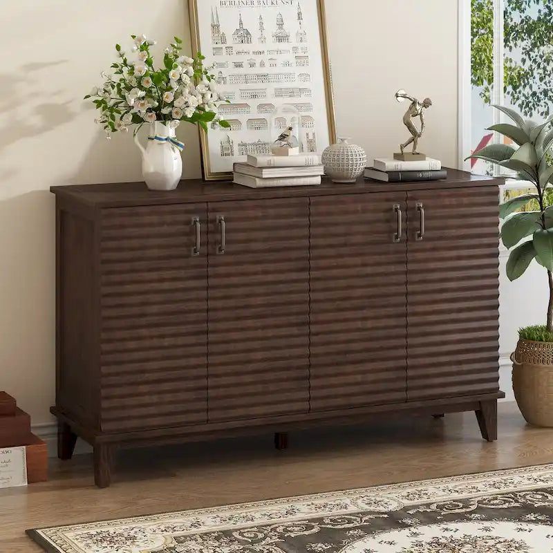 Buffet à 4 portes avec étagères réglables – Espresso / Bleu marine / Blanc antique