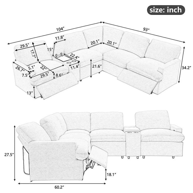 Canapé d'angle inclinable 2 places en forme de L beige / gris foncé / gris