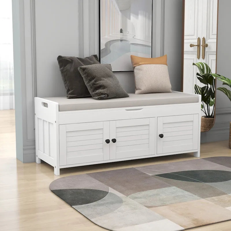 Banc de rangement rustique avec 3 portes, coussin amovible, pour 2 personnes, blanc / gris délavé / expresso / bleu marine antique