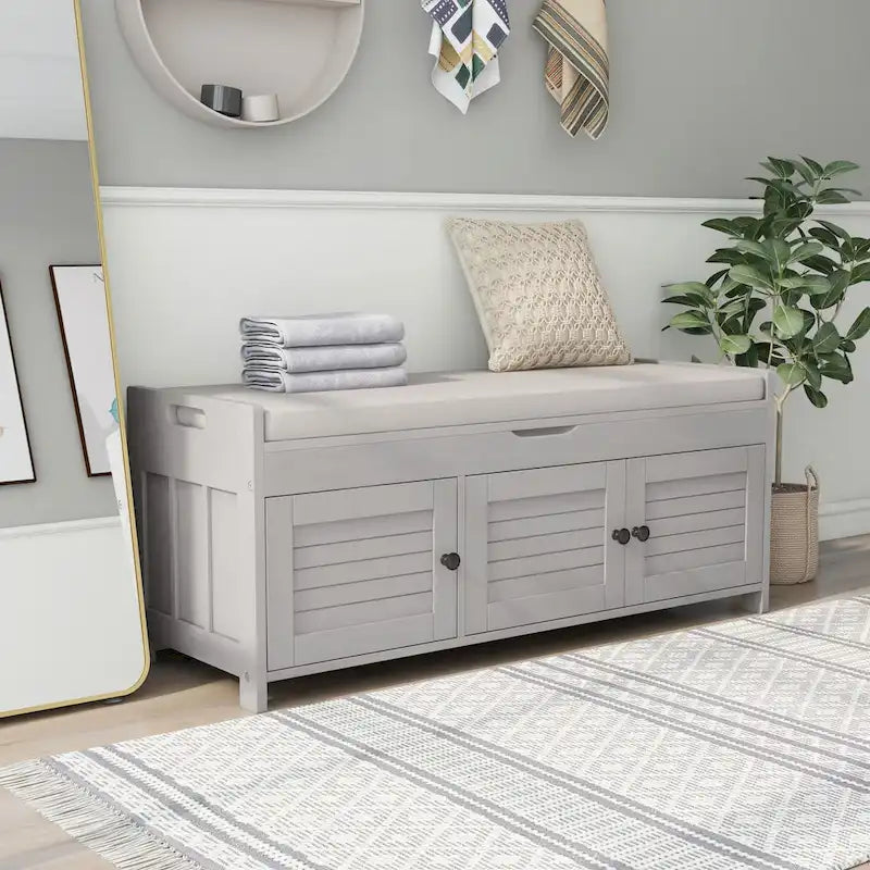 Banc de rangement rustique avec 3 portes, coussin amovible, pour 2 personnes, blanc / gris délavé / expresso / bleu marine antique