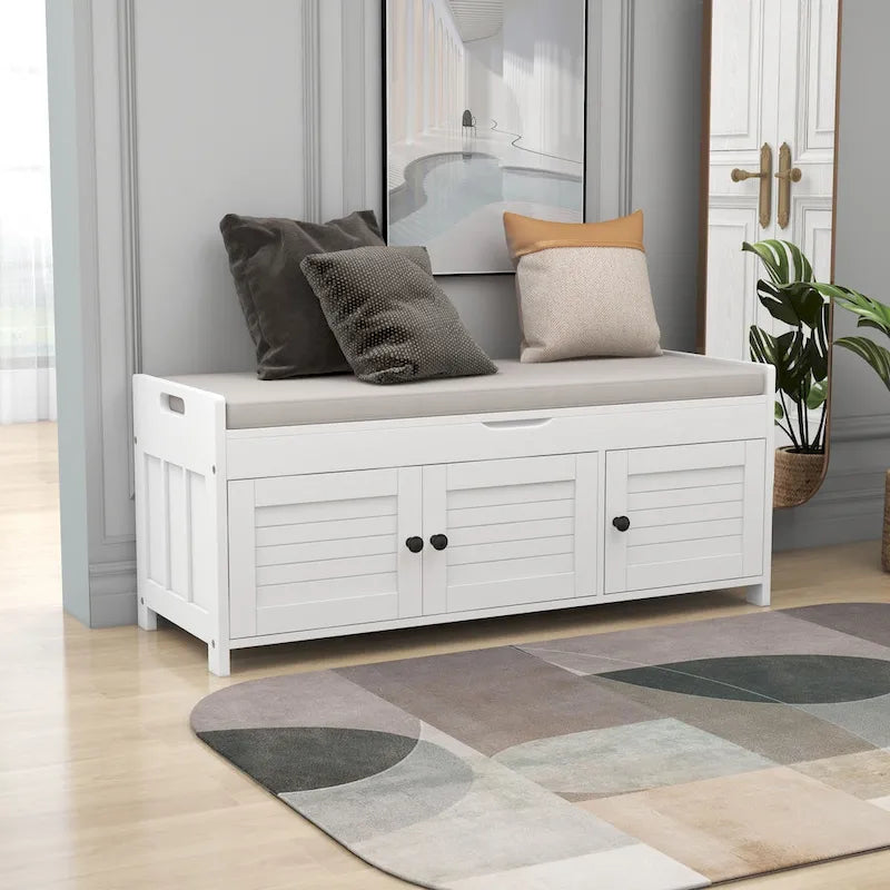 Banc de rangement rustique avec 3 portes, coussin amovible, pour 2 personnes, blanc / gris délavé / expresso / bleu marine antique