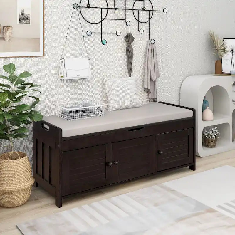 Banc de rangement rustique avec 3 portes, coussin amovible, pour 2 personnes, blanc / gris délavé / expresso / bleu marine antique
