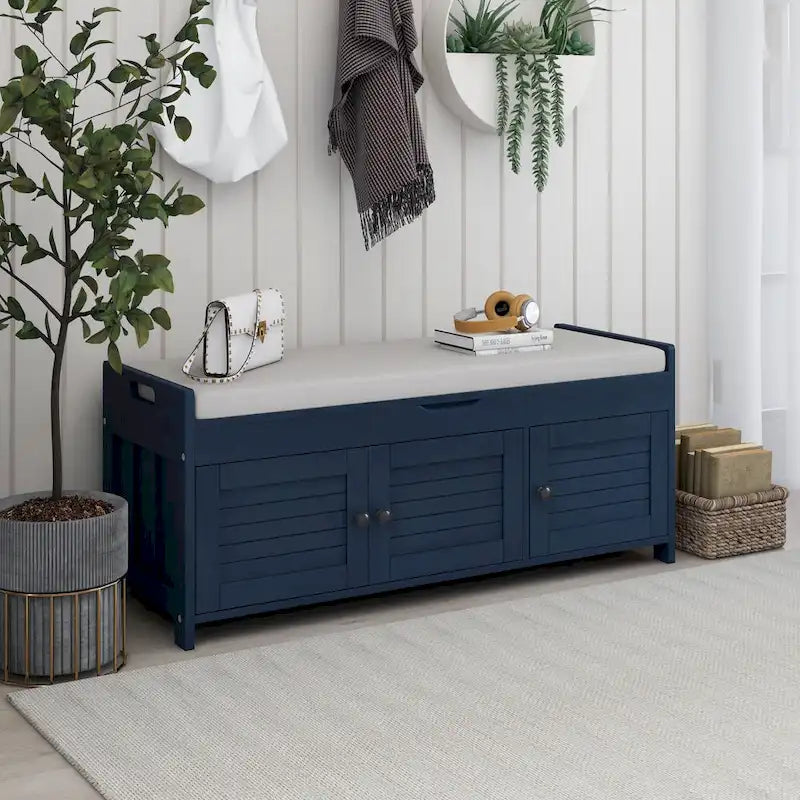 Banc de rangement rustique avec 3 portes, coussin amovible, pour 2 personnes, blanc / gris délavé / expresso / bleu marine antique