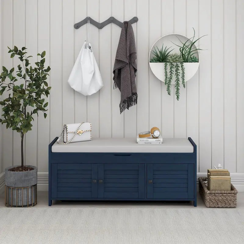 Banc de rangement rustique avec 3 portes, coussin amovible, pour 2 personnes, blanc / gris délavé / expresso / bleu marine antique