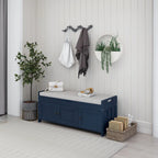 Banc de rangement rustique avec 3 portes, coussin amovible, pour 2 personnes, blanc / gris délavé / expresso / bleu marine antique