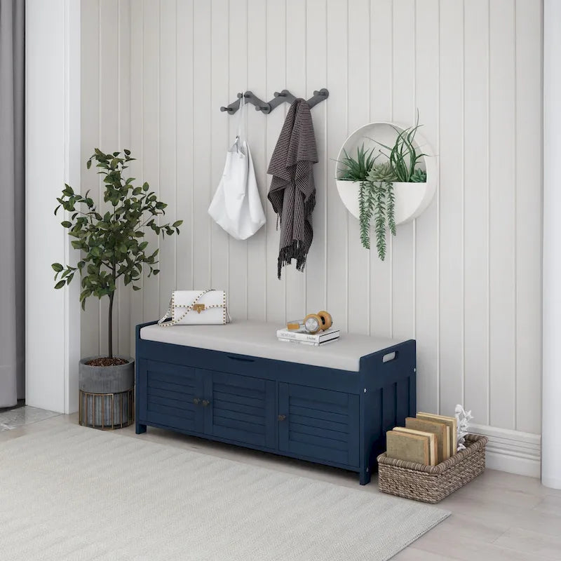 Banc de rangement rustique avec 3 portes, coussin amovible, pour 2 personnes, blanc / gris délavé / expresso / bleu marine antique