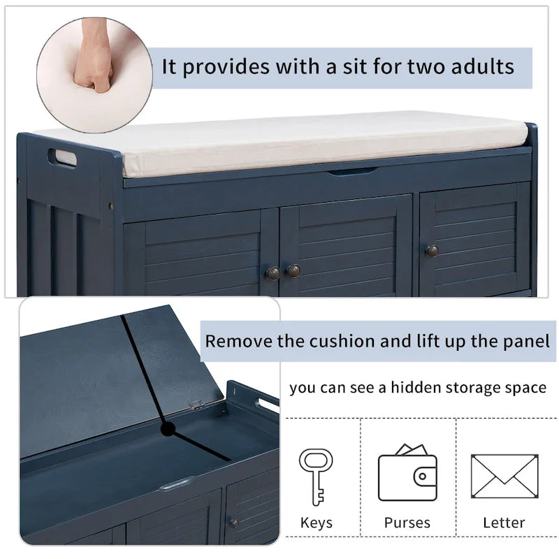 Banc de rangement rustique avec 3 portes, coussin amovible, pour 2 personnes, blanc / gris délavé / expresso / bleu marine antique
