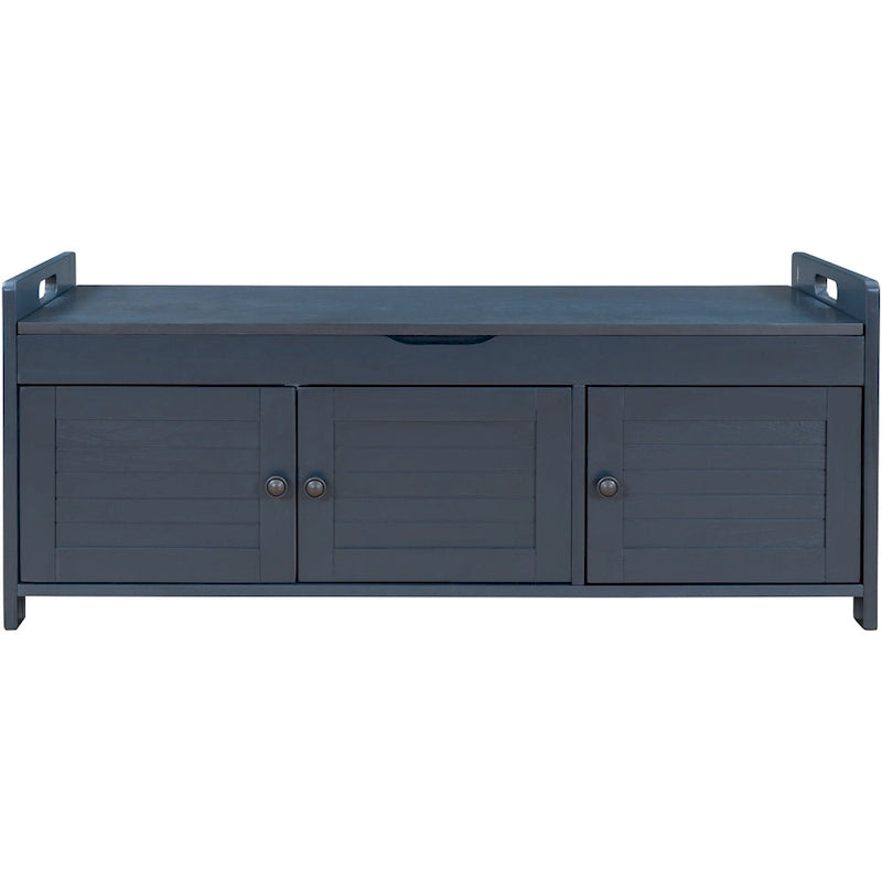 Banc de rangement rustique avec 3 portes, coussin amovible, pour 2 personnes, blanc / gris délavé / expresso / bleu marine antique