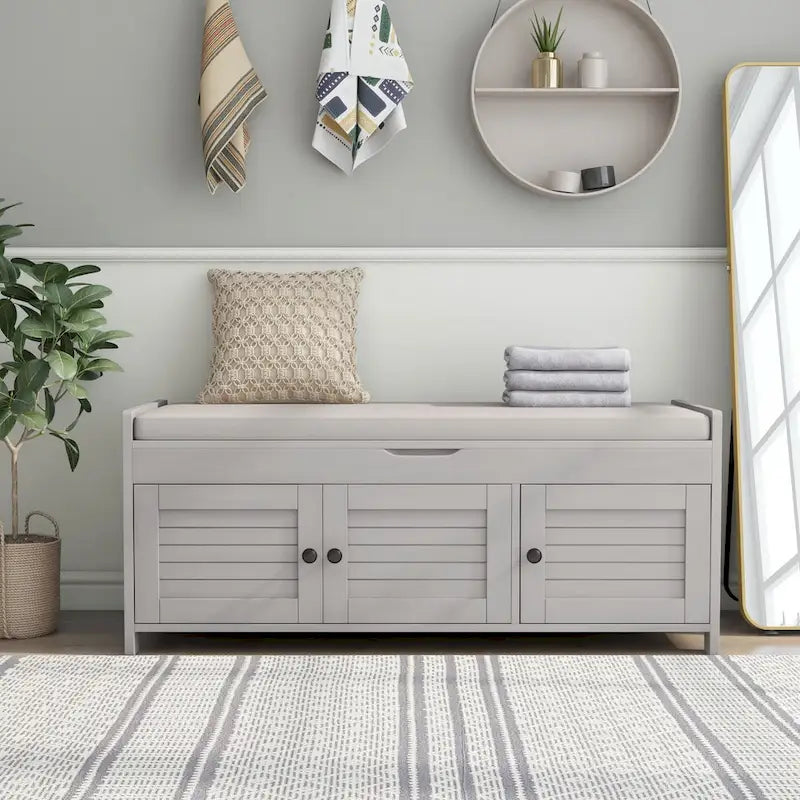 Banc de rangement rustique avec 3 portes, coussin amovible, pour 2 personnes, blanc / gris délavé / expresso / bleu marine antique