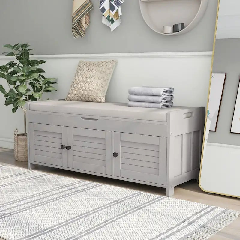 Banc de rangement rustique avec 3 portes, coussin amovible, pour 2 personnes, blanc / gris délavé / expresso / bleu marine antique