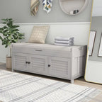 Banc de rangement rustique avec 3 portes, coussin amovible, pour 2 personnes, blanc / gris délavé / expresso / bleu marine antique